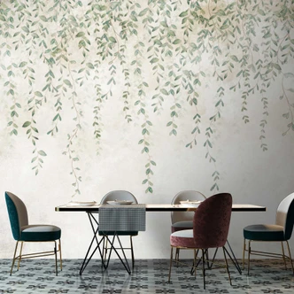 Hangend tuin behang - vliesbehang met bladranken in pastelkleuren 