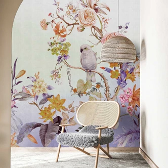 Florale Fototapete mit Vogelmotiv - Zarte Vliestapete im Aquarellstil 