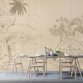 Tropiskt landskap skiss tapet - non-woven tapet i teckningsstil 