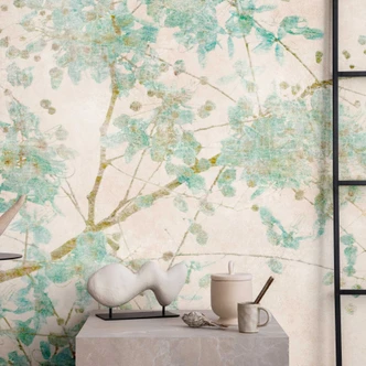 Watercolour blossom branches wallpaper mural in pastel blue - non-woven wallpaper with a delicate look 