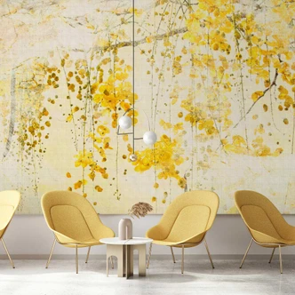 Yellow autumn leaves photo wallpaper on cream - non-woven wallpaper in watercolour style 