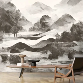 Monochrome Berglandschaft Tapete - Kunstvolle Aquarell Optik 