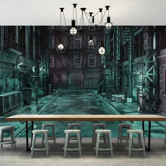 Fototapet för urban nattscen - Mystiskt grändmotiv i coolt blått 