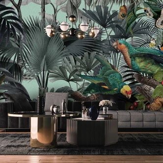 Fototapete Tropische Dschungel-Tapete - Papageien und Palmen Muster Fototapete Tropische Dschungel-Tapete - Papageien und Palmen Muster