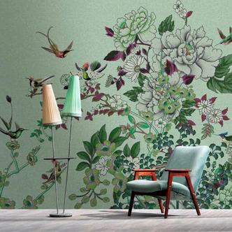 Bloemen behang met kolibrie - romantische bloementuin scène 