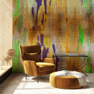 Abstract art wallpaper - ochre yellow with green and purple tones - non-woven 