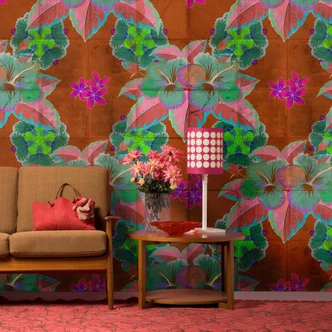Tropisk blomstertapet - turkis og pink på terracotta - non-woven 