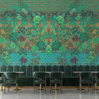 Fototapete Klassisch-Vintage Blumen - Grüne Akzente auf Gold - Vlies 
