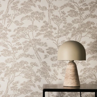 Ikke-vævet tapet Lin Zen Branches beige hvid med grene asiatisk - brune træer skovtapet grene 