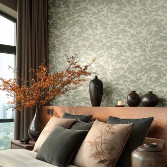 Icke-vävd tapet Lin Zen Branches grön vit med grenar asiatiska - träd skog tapet grenar hall kontor 