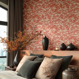 Icke-vävd tapet Lin Zen Branches beige röd metallisk asiatisk - orange träd skog tapet grenar 