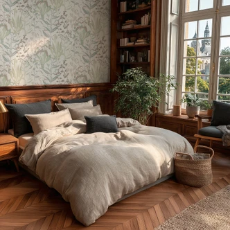 Icke-vävd tapet Elodie Maison Botanique grön blå brun - vita löv gräs örter vardagsrum 