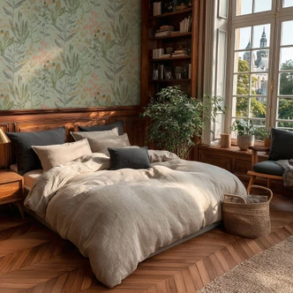 Ikke-vævet tapet Elodie Maison Botanique grøn rosa beige - grå blade græsser urter stue 