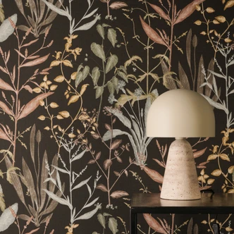 Icke-vävd tapet Elodie Maison Botanique svartgrön brun - blå löv gräs örter hall 