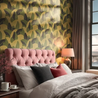 Icke-vävd tapet Isabelle Golden Canopy palmblad gulgrön - djungel svart metallisk hall 