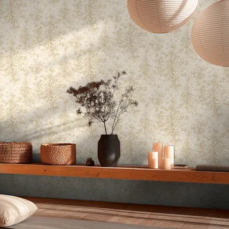Carta da parati in tessuto non tessuto Astrid Whispering Woods Beige Cream Metallic - Carta da parati foresta alberi acquerello vinile 