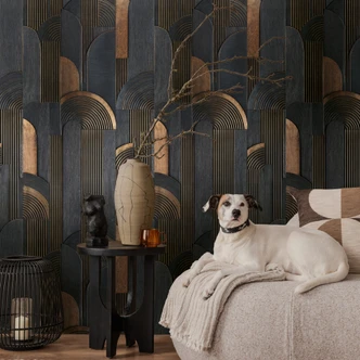 Non-woven Fototapet Art Deco bågar svart brun beige matt utdragbar 1,59 x 2,80 m Tavla 