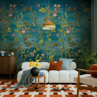 Ikke-vævet Fototapet blade fugle blå grøn pink mat udtrækkelig 1,59 x 2,80 m Billede 