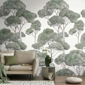Icke-vävd tapet skogsträd grön vit matt utdragbar 1,59 x 2,80 m Icke-vävd tapet väggmålning 