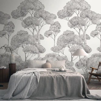 Icke-vävd tapet skogsträd grå svart matt utdragbar 1,59 x 2,80 m Icke-vävd tapet väggmålning 