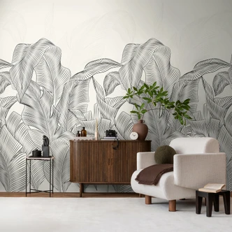 Icke-vävd tapet djungelblad grå svart matt utdragbar 1,59 x 2,80 m Icke-vävd tapet 