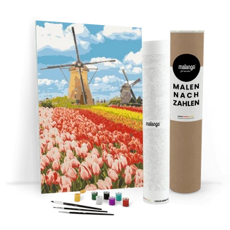 Malen nach Zahlen Leinwandbild - Blumen Landschaft an der Mühle  