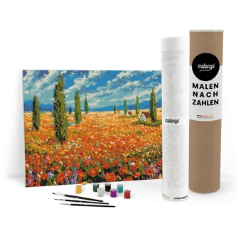 Malen nach Zahlen Leinwandbild - Blumen Landschaft mit Zypressen  