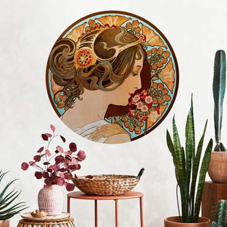 Zelfklevende Wandcirkel Mucha - Sleutelbloemen 