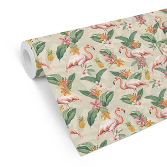Tropische Mustertapete - Flamingo und tropische Blätter - Bloomery Decor 