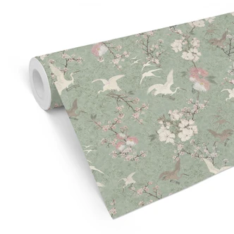 Mustertapete Vogeltapete Kraniche im Kirschblüten-Rausch Grün - Bloomery Decor Mustertapete Vogeltapete Kraniche im Kirschblüten-Rausch Grün - Bloomery Decor