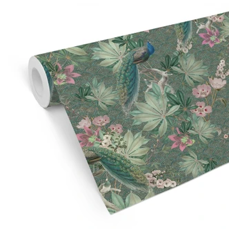 Mustertapete Pfau im Tropengarten auf Mosaik - Bloomery Decor Mustertapete Pfau im Tropengarten auf Mosaik - Bloomery Decor