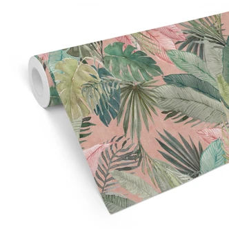 Mustertapete mit Blätter Design - Tropenblätter im Dschungel Rosa - Bloomery Decor 