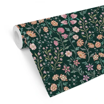 Florale Mustertapete Wiesenblumen Vintage - Dunkelgrün - Bloomery Decor 