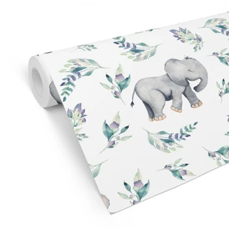 Mustertapete Kinderzimmer - Niedlicher Babyelefant zwischen Boho-Zweigen - UN Designs 