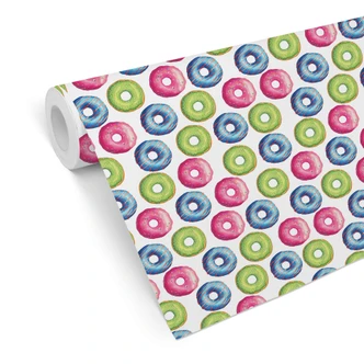Papier peint à motifs Donuts bleu, vert, rose 