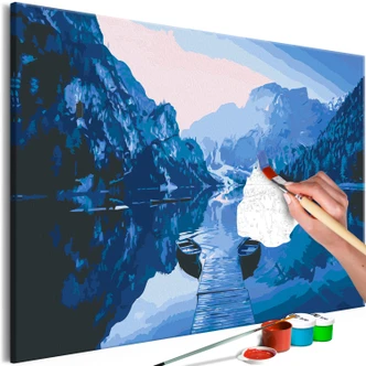 Canvas schilderij - Boten op het meer - 50x40 cm - met spieraam - opgespannen 