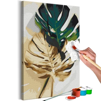 Canvas schilderij - Goudmonstera - 40x50 cm - met spieraam - opgespannen 
