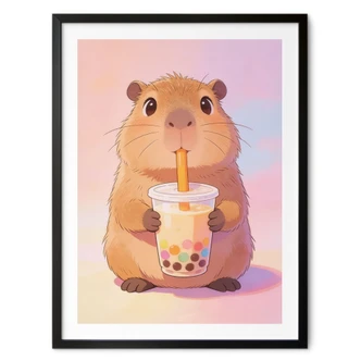 Póster de la guardería de un bebé carpincho con té de burbujas 