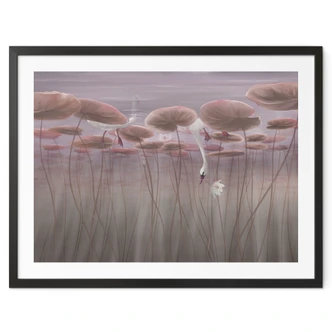 Poster lotusbloemen met zwaan in water in donkerroze - Ms Tiff 