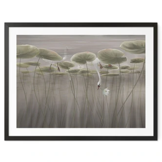 Poster lotusbloemen met zwaan in water in grijs - Ms Tiff 