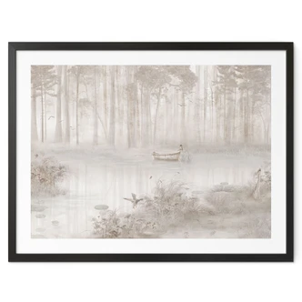 Poster Bos bij het meer in mist in beige - Ms Tiff 