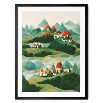 Barnposter Treechild - Liten by mitt bland gröna kullar 