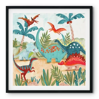 Póster infantil Dinosaurios de colores en el bosque primitivo - Bonne Müller - Cuadrado 