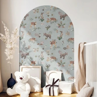 Muursticker rond boog wandpaneel reekalf en bosvrienden - blauw - Kikki Belle - breed Muursticker rond boog wandpaneel reekalf en bosvrienden - blauw - Kikki Belle - breed