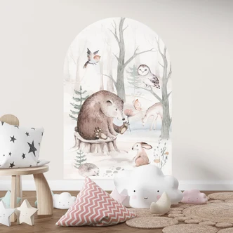 Muursticker ronde boog wandpaneel dierenvrienden in het bos - Kvilis - breed Muursticker ronde boog wandpaneel dierenvrienden in het bos - Kvilis - breed