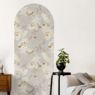 Muursticker ronde boog muurpaneel vogels tussen witte bloemen - UN Design - smal Muursticker ronde boog muurpaneel vogels tussen witte bloemen - UN Design - smal