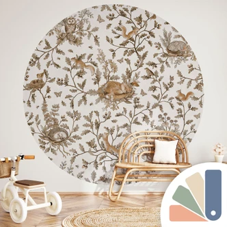 Fototapeta do pokoju dziecięcego śpiące leśne zwierzęta na gałęziach - Kikki Belle - okrągła - samoprzylepna / nietkana 