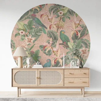 Fototapete Dschungel mit Papageien Rosa - Bloomery Decor - Rund - Selbstklebend/Vlies 