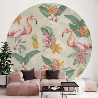 Fototapete Flamingo und tropische Blätter - Bloomery Decor - Rund - Selbstklebend/Vlies 