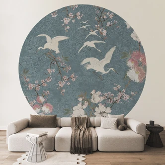 Papel Pintado Grullas azules en flor de cerezo - Bloomery Decor - Redondo - Autoadhesivo/no tejido Papel Pintado Grullas azules en flor de cerezo - Bloomery Decor - Redondo - Autoadhesivo/no tejido